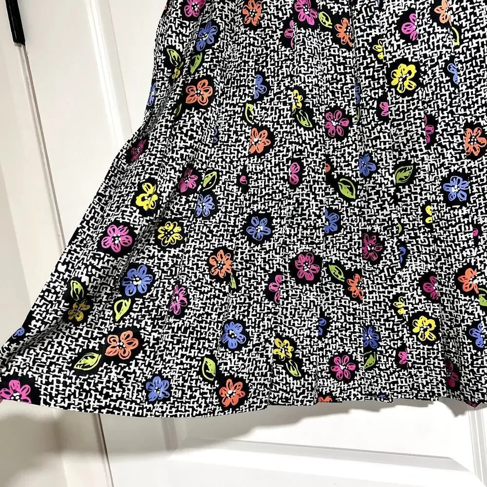 Vintage Pleated Skirt Abstract Floral Black White Print Knee Length sz 14 Large